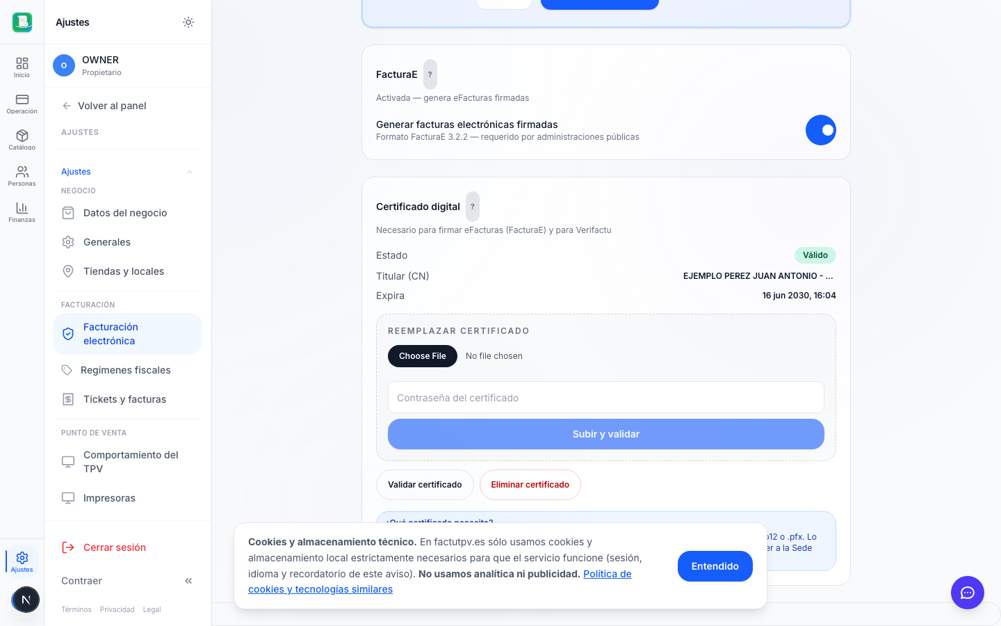 Resultado del botón Validar: NIF del cert y del tenant coinciden, checkmark verde