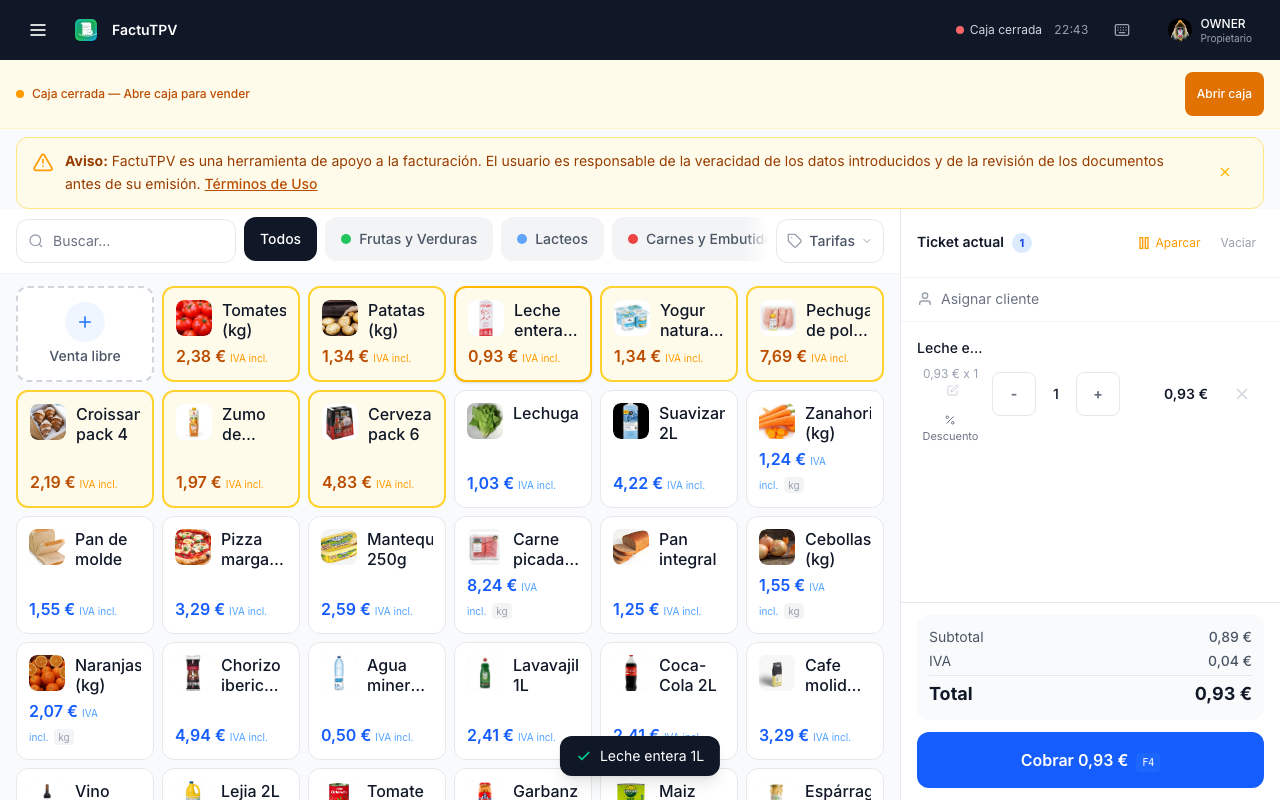 Interfaz del punto de venta de FactuTPV con productos organizados por categorías