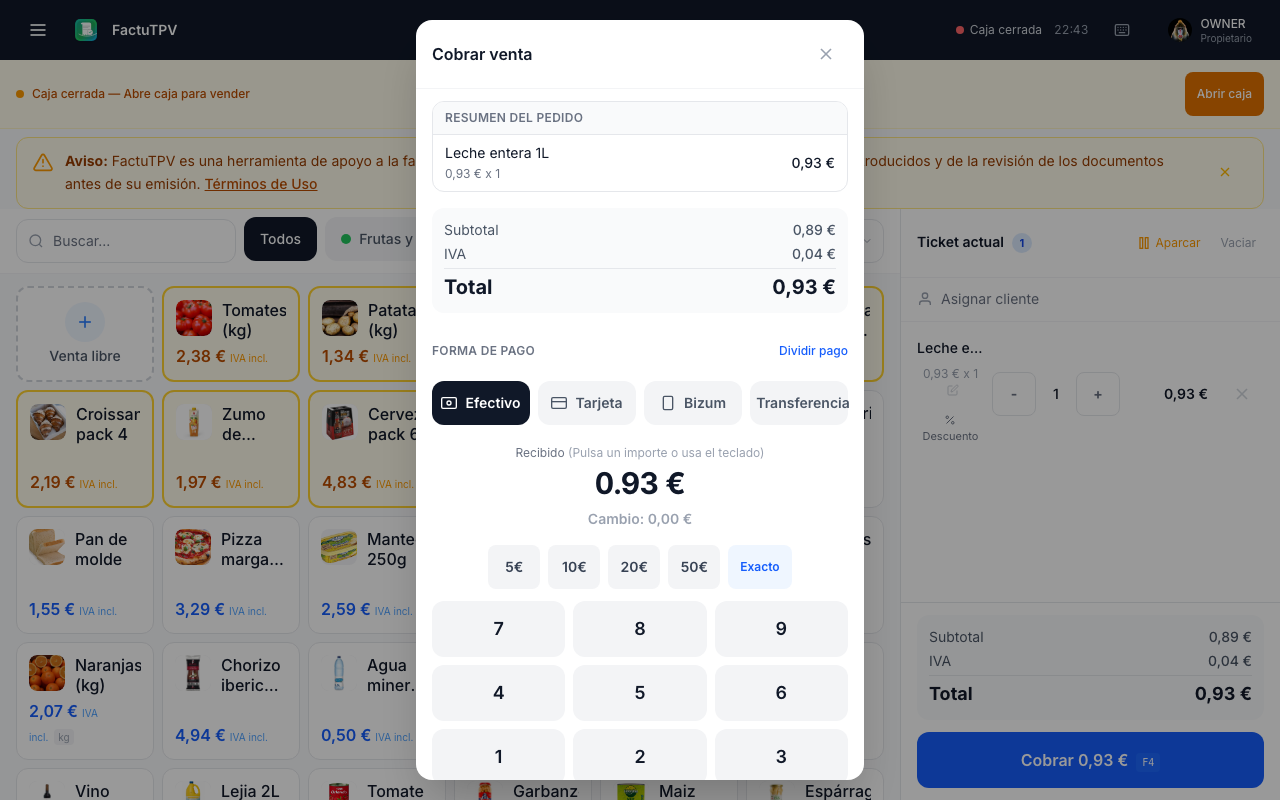 Modal de cobro en FactuTPV con múltiples métodos de pago para autónomos