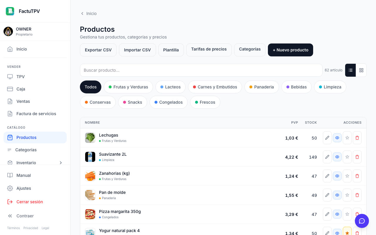Catálogo de productos en FactuTPV con precios y tipos de IVA configurados