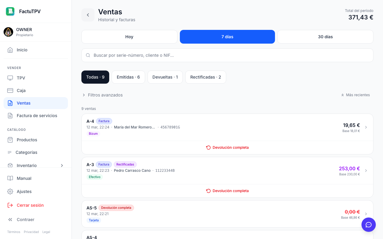 Historial de ventas en FactuTPV con búsqueda y filtros