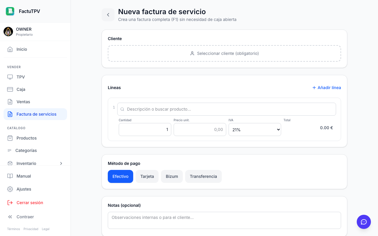 Factura de servicio para autónomo con retención de IRPF en FactuTPV