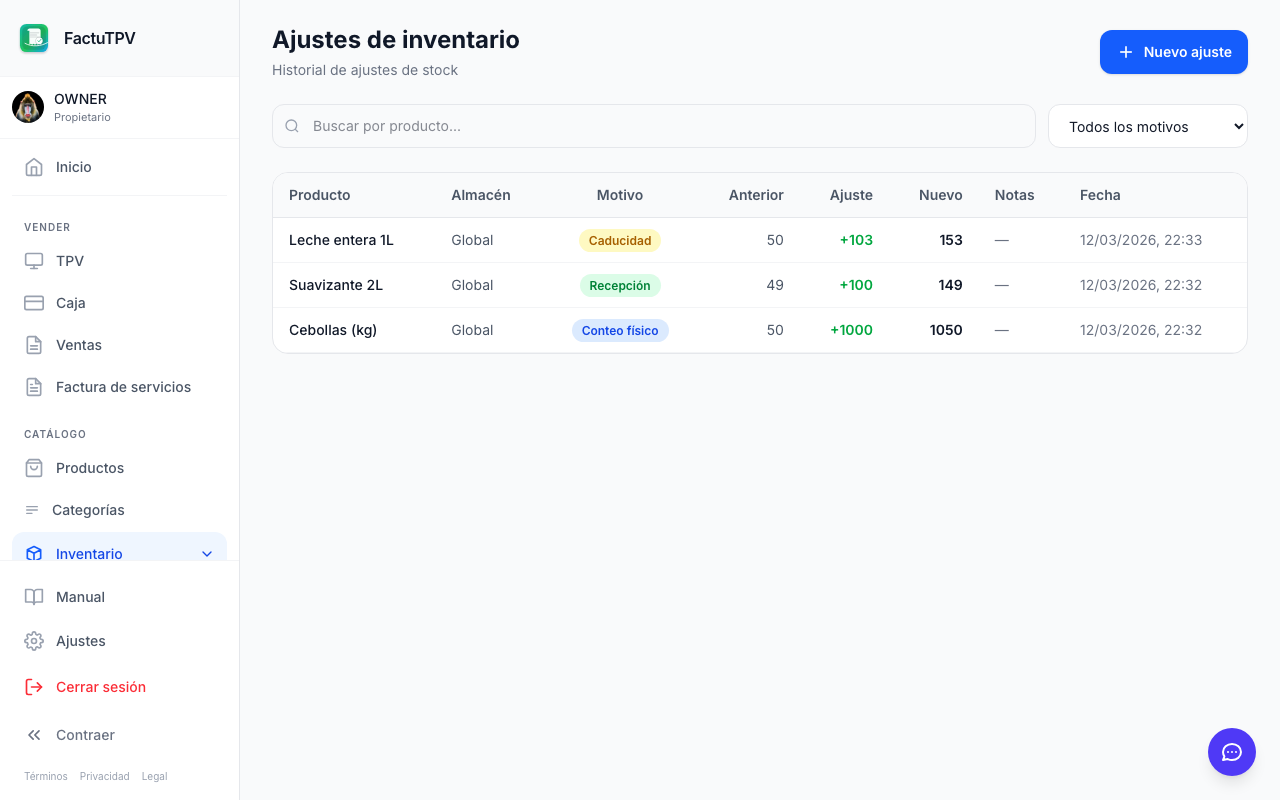 Ajustes manuales de inventario y movimientos de stock en FactuTPV