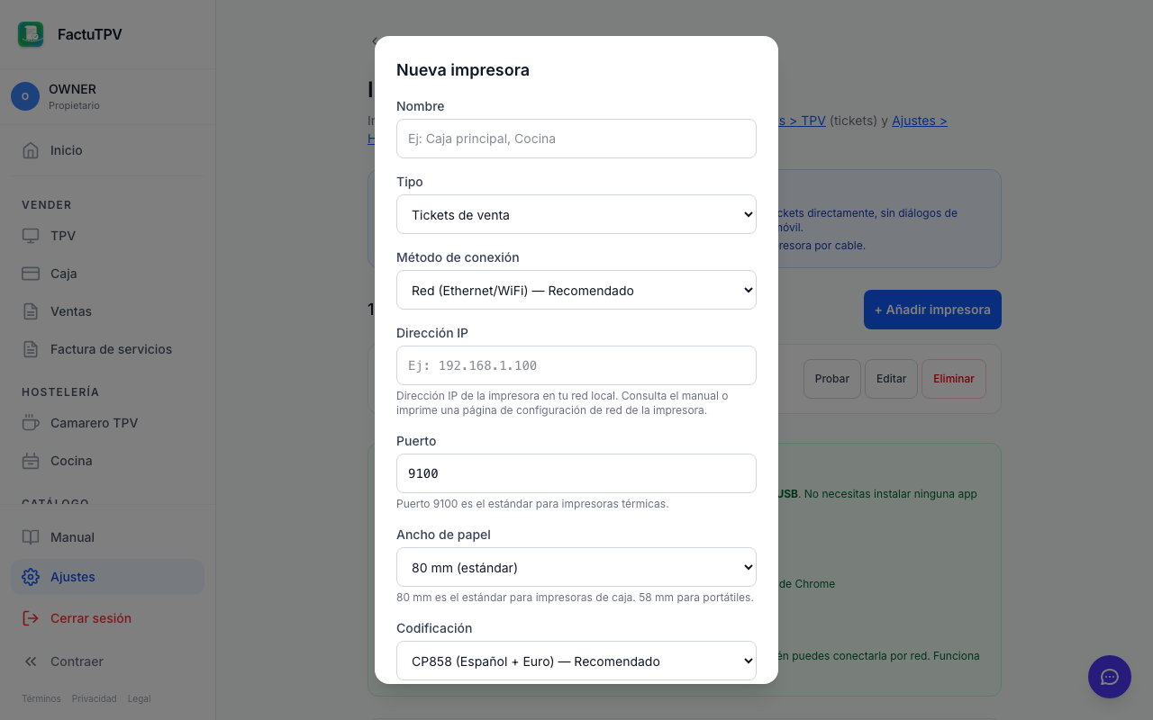 Formulario de creación de impresora con tipo Agente