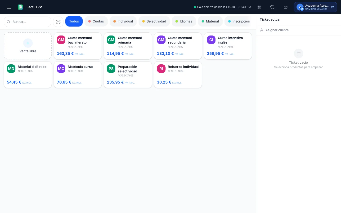 TPV / Punto de venta para academias en FactuTPV