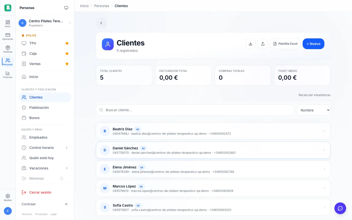 Clientes (CRM) para centros de pilates terapéutico en FactuTPV