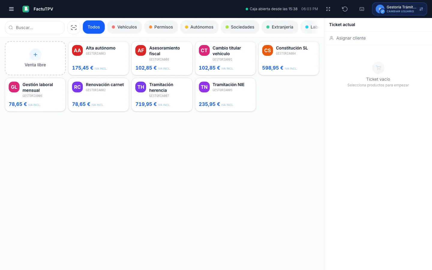 TPV / Punto de venta para gestorías en FactuTPV
