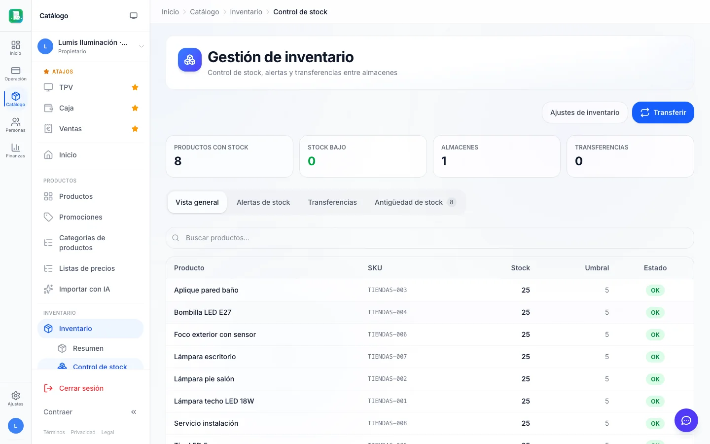 Gestión de stock para tiendas de iluminación en FactuTPV